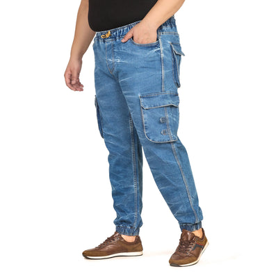 Men's Plus Size Cargo Pocket Ice Blue Textured Indigo Denim Jogger - Style Code "KGDJGR-406004