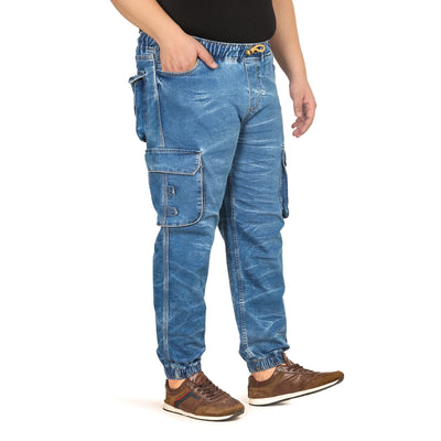Men's Plus Size Cargo Pocket Ice Blue Textured Indigo Denim Jogger - Style Code "KGDJGR-406004