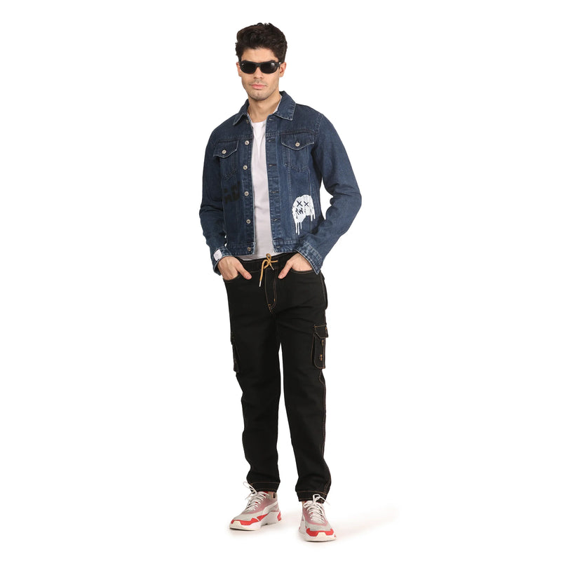 Kagad Jeans Men Regular Fit Dark Blue Printed Denim Jacket - Style Code 