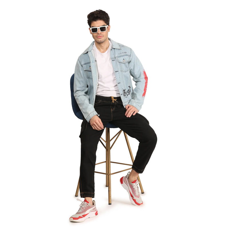 Kagad Jeans Men Regular Fit Light Blue Printed Denim Jacket - Style Code 