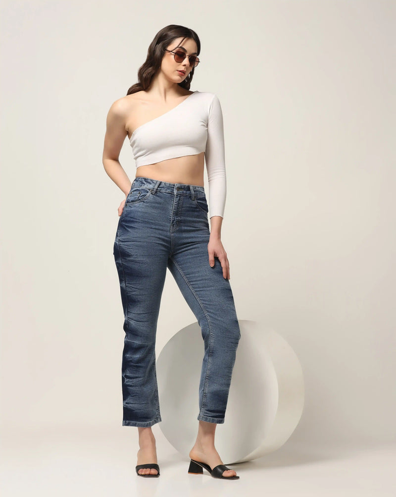 Kagad Jeans Womens High Rise Regular Fit Indigo Textured Denim Jeans - Style Code 