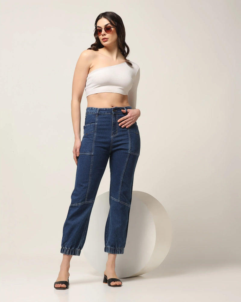 Kagad Jeans Womens High Rise Regular Fit Cut And Sew Mid Blue Denim Jeans - Style Code 