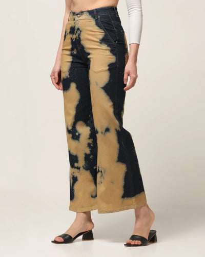 Kagad Jeans Womens High Rise Wide Leg Flared Navy Rich Cream Tie Dyed Denim Jeans - Style Code "KGDJNS-404014