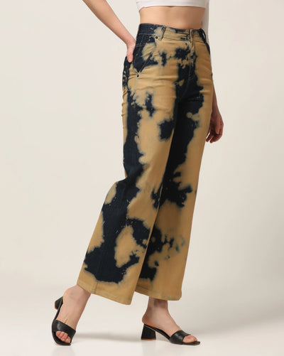 Kagad Jeans Womens High Rise Wide Leg Flared Navy Rich Cream Tie Dyed Denim Jeans - Style Code "KGDJNS-404014