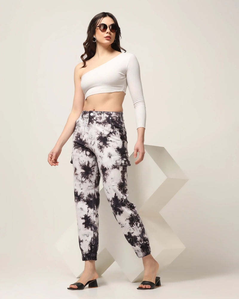Kagad Jeans Womens High Rise Regular Fit Off White Coco Brown Tie Dyed Denim Jeans Jogger - Style Code 