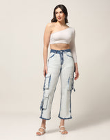 Kagad Jeans Womens High Rise Wide Leg Regular Fit White blue Denim Cargo Pocket Jeans - Style Code "KGDJGR-404006