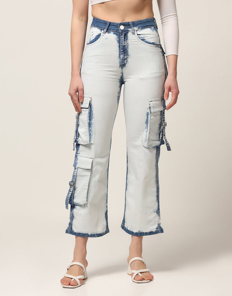 Kagad Jeans Womens High Rise Wide Leg Regular Fit White blue Denim Cargo Pocket Jeans - Style Code 