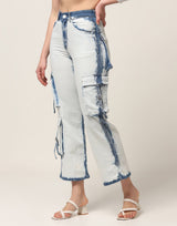 Kagad Jeans Womens High Rise Wide Leg Regular Fit White blue Denim Cargo Pocket Jeans - Style Code "KGDJGR-404006