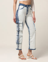 Kagad Jeans Womens High Rise Wide Leg Regular Fit White blue Denim Cargo Pocket Jeans - Style Code "KGDJGR-404006