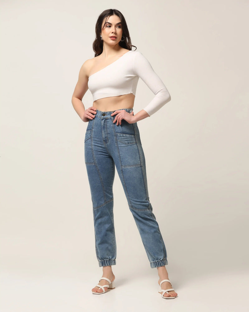 Kagad Jeans Womens High Rise Regular Fit Cut And Sew Light Blue Denim Jeans - Style Code 