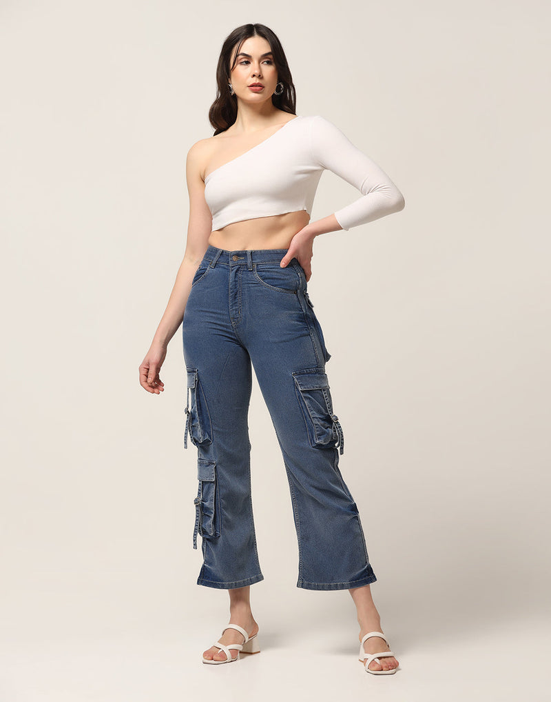 Kagad Jeans Womens High Rise  Wide Leg Regular Fit Mid blue Denim Cargo Pocket Jeans - Style Code 