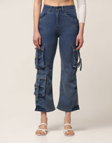 Kagad Jeans Womens High Rise  Wide Leg Regular Fit Mid blue Denim Cargo Pocket Jeans - Style Code "KGDJGR-404007