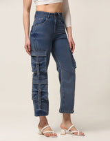 Kagad Jeans Womens High Rise  Wide Leg Regular Fit Mid blue Denim Cargo Pocket Jeans - Style Code "KGDJGR-404007