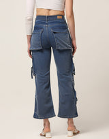 Kagad Jeans Womens High Rise  Wide Leg Regular Fit Mid blue Denim Cargo Pocket Jeans - Style Code "KGDJGR-404007