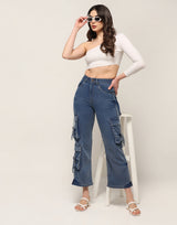 Kagad Jeans Womens High Rise  Wide Leg Regular Fit Mid blue Denim Cargo Pocket Jeans - Style Code "KGDJGR-404007