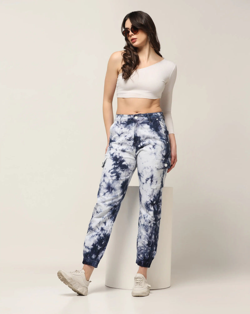 Kagad Jeans Womens High Rise Regular Fit White Blue Tie Dyed Denim Jeans Jogger - Style Code 
