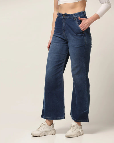 Kagad Jeans Womens High Rise Wide Leg Flared Mid Blue Denim Jeans - Style Code "KGDJNS-404012