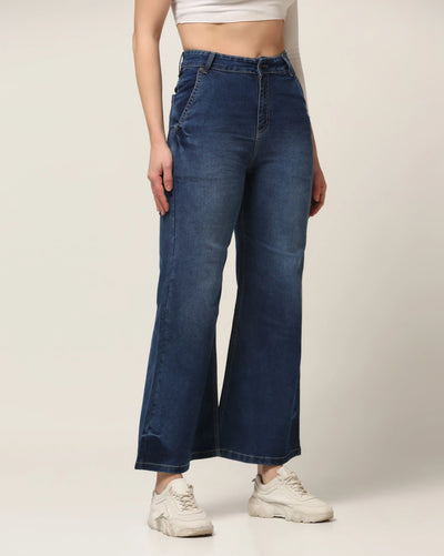 Kagad Jeans Womens High Rise Wide Leg Flared Mid Blue Denim Jeans - Style Code "KGDJNS-404012
