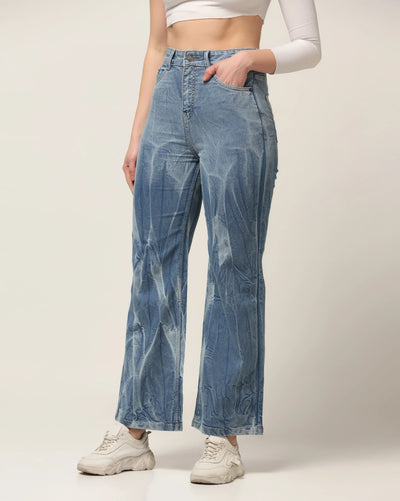 Kagad Jeans Womens High Rise Wide Leg Flared Light Blue Tie Dyed Denim Jeans - Style Code "KGDJNS-404022