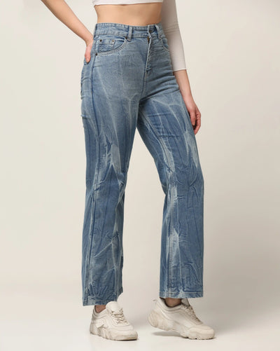 Kagad Jeans Womens High Rise Wide Leg Flared Light Blue Tie Dyed Denim Jeans - Style Code "KGDJNS-404022