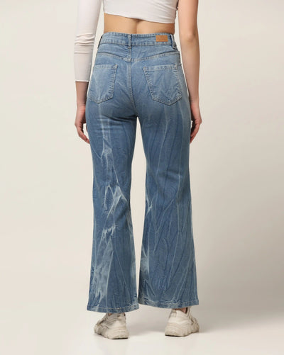 Kagad Jeans Womens High Rise Wide Leg Flared Light Blue Tie Dyed Denim Jeans - Style Code "KGDJNS-404022