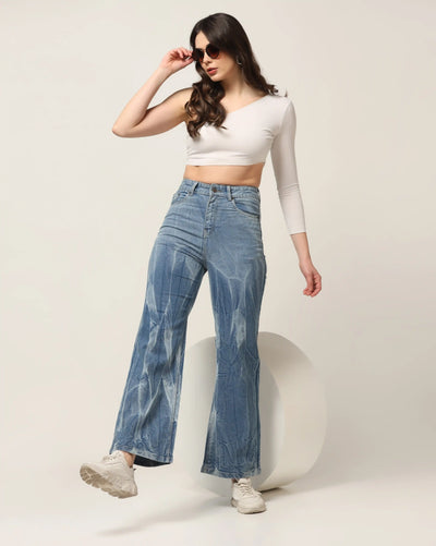 Kagad Jeans Womens High Rise Wide Leg Flared Light Blue Tie Dyed Denim Jeans - Style Code "KGDJNS-404022