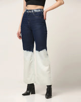 Kagad Jeans Womens High Rise Wide Leg Flared Navy Off White Ombray Dyed Denim Jeans - Style Code "KGDJNS-404024