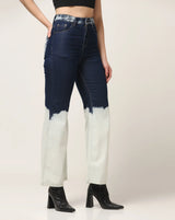 Kagad Jeans Womens High Rise Wide Leg Flared Navy Off White Ombray Dyed Denim Jeans - Style Code "KGDJNS-404024