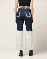 Kagad Jeans Womens High Rise Wide Leg Flared Navy Off White Ombray Dyed Denim Jeans - Style Code "KGDJNS-404024