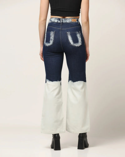 Kagad Jeans Womens High Rise Wide Leg Flared Navy Off White Ombray Dyed Denim Jeans - Style Code "KGDJNS-404024