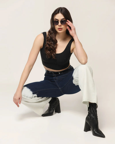 Kagad Jeans Womens High Rise Wide Leg Flared Navy Off White Ombray Dyed Denim Jeans - Style Code "KGDJNS-404024