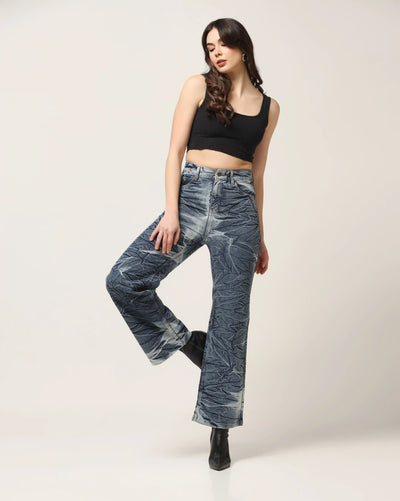 Kagad Jeans Womens High Rise Wide Leg Flared Navy Off White Tie Dyed Denim Jeans - Style Code "KGDJNS-404025