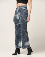 Kagad Jeans Womens High Rise Wide Leg Flared Navy Off White Tie Dyed Denim Jeans - Style Code "KGDJNS-404025
