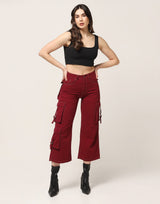 Kagad Jeans Womens High Rise Wide Leg Regular Fit Crimson Red Denim Cargo Pocket Jeans - Style Code "KGDJGR-404008