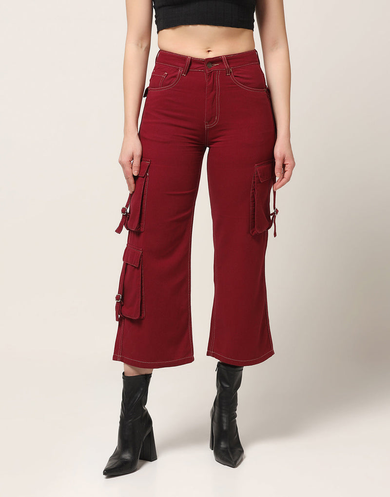 Kagad Jeans Womens High Rise Wide Leg Regular Fit Crimson Red Denim Cargo Pocket Jeans - Style Code 