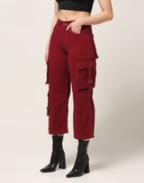 Kagad Jeans Womens High Rise Wide Leg Regular Fit Crimson Red Denim Cargo Pocket Jeans - Style Code "KGDJGR-404008
