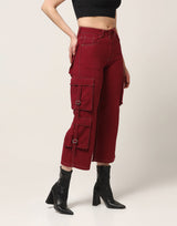 Kagad Jeans Womens High Rise Wide Leg Regular Fit Crimson Red Denim Cargo Pocket Jeans - Style Code "KGDJGR-404008