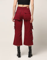 Kagad Jeans Womens High Rise Wide Leg Regular Fit Crimson Red Denim Cargo Pocket Jeans - Style Code "KGDJGR-404008