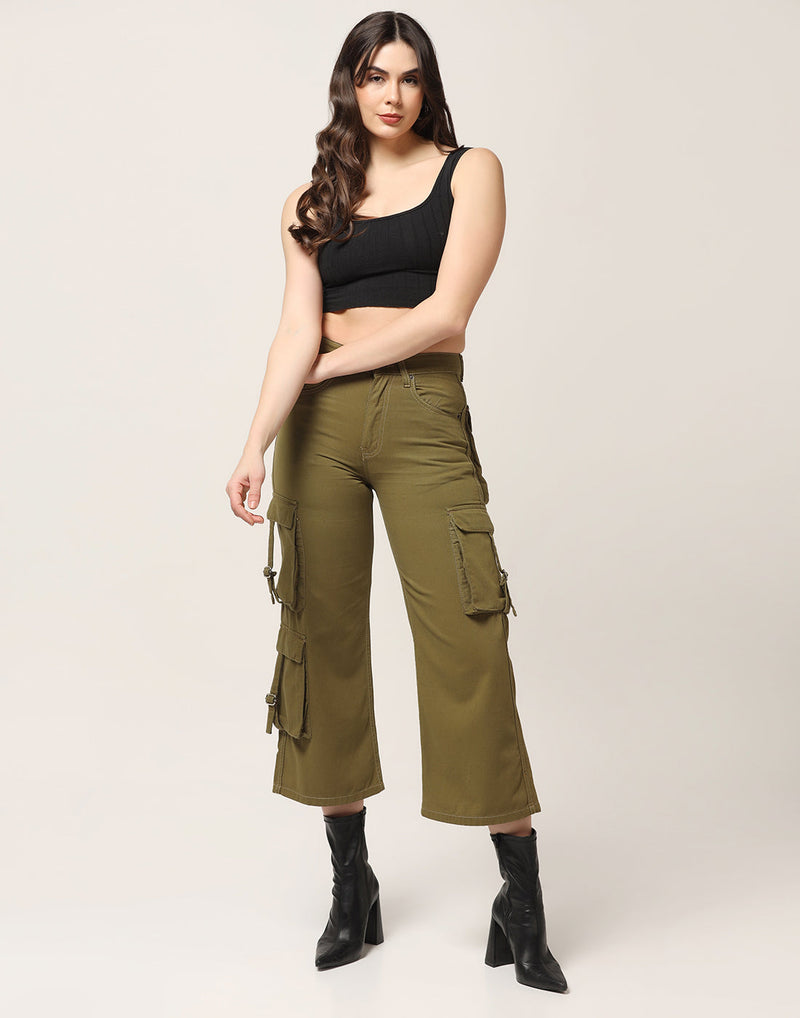 Kagad Jeans Womens High Rise Wide Leg Regular Fit Olive Green Denim Cargo Pocket Jeans - Style Code 