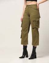 Kagad Jeans Womens High Rise Wide Leg Regular Fit Olive Green Denim Cargo Pocket Jeans - Style Code "KGDJGR-404009