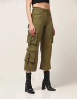 Kagad Jeans Womens High Rise Wide Leg Regular Fit Olive Green Denim Cargo Pocket Jeans - Style Code "KGDJGR-404009