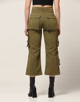 Kagad Jeans Womens High Rise Wide Leg Regular Fit Olive Green Denim Cargo Pocket Jeans - Style Code "KGDJGR-404009