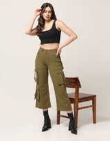 Kagad Jeans Womens High Rise Wide Leg Regular Fit Olive Green Denim Cargo Pocket Jeans - Style Code "KGDJGR-404009