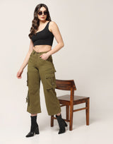 Kagad Jeans Womens High Rise Wide Leg Regular Fit Olive Green Denim Cargo Pocket Jeans - Style Code "KGDJGR-404009
