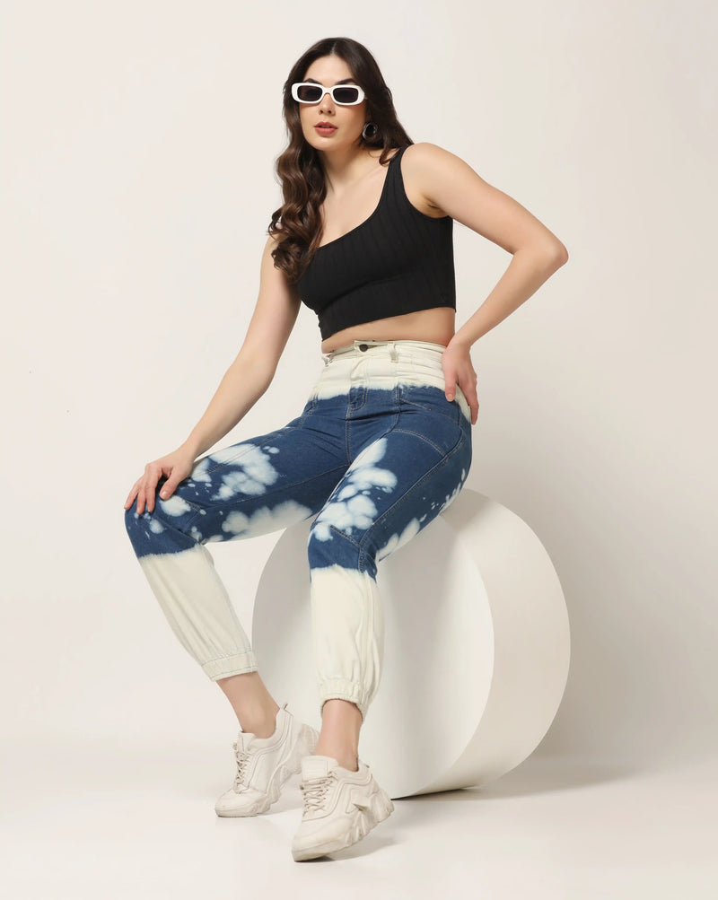 Kagad Jeans Womens High Rise Regular Fit Off White Indigo Blue Ombray Dyed Denim Jogger - Style Code 