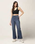 Kagad Jeans Womens High Rise Wide Leg Flared Vintage Blue Dyed Denim Jeans - Style Code "KGDJNS-404027