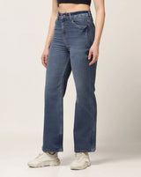 Kagad Jeans Womens High Rise Wide Leg Flared Vintage Blue Dyed Denim Jeans - Style Code "KGDJNS-404027