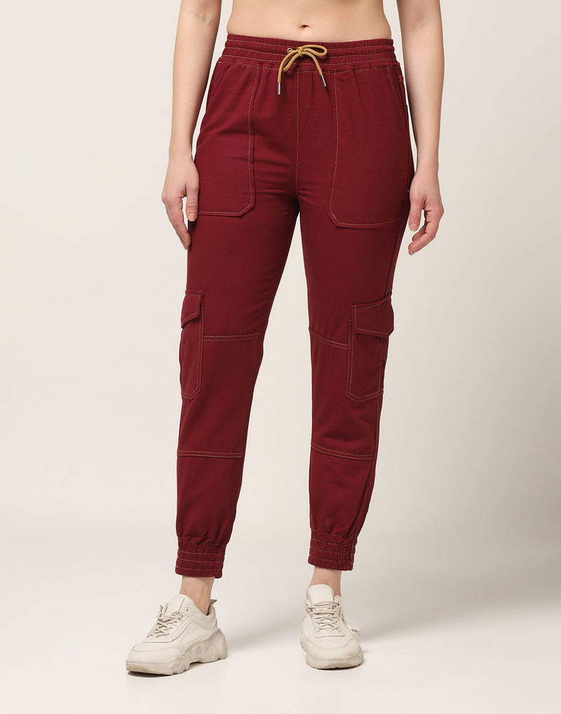 Kagad Jeans Womens High Rise Regular Fit Crimson Red Denim Jeans Jogger - Style Code 