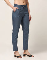 Kagad Jeans Womens Mid Rise Straight Fit Air Force Blue Cotton Trouser - Style Code "KGDTR-404031