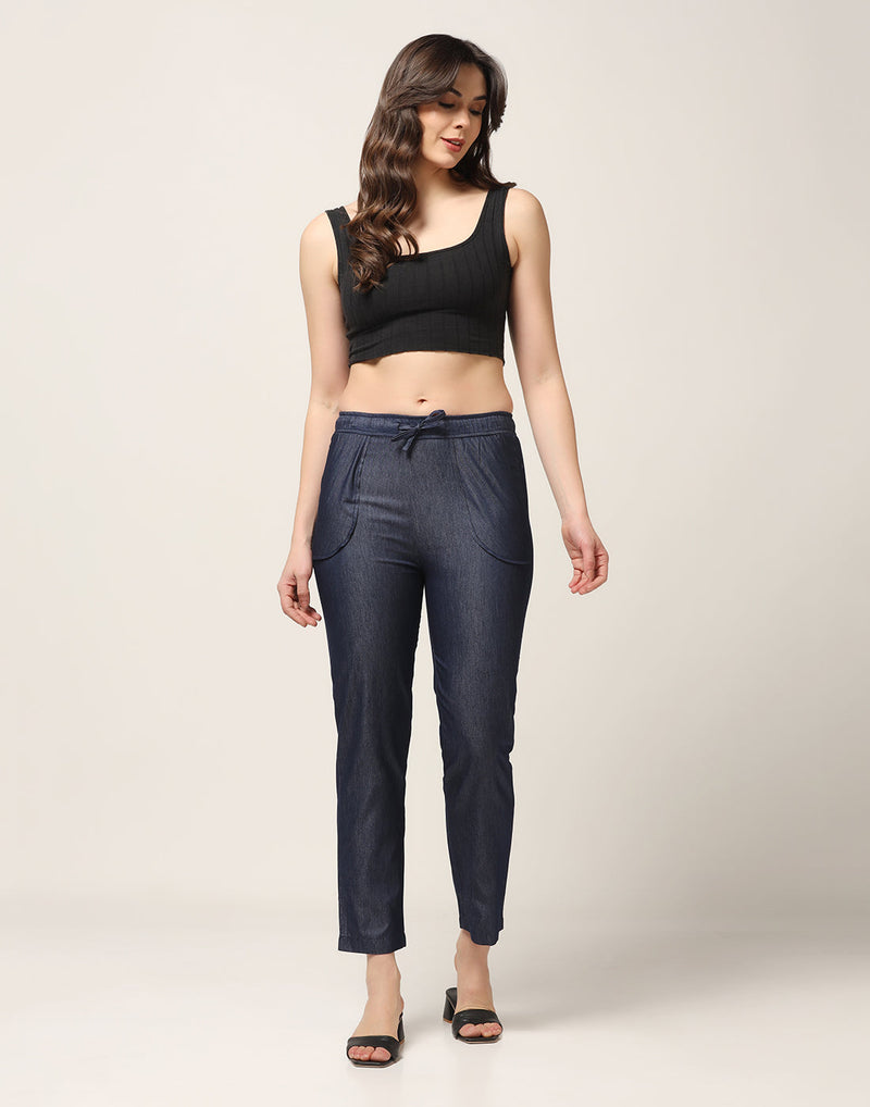 Kagad Jeans Womens Mid Rise Straight Fit Deep Navy Cotton Denim Trouser - Style Code 